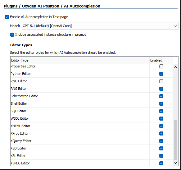 AI Autocompletion preferences dialog listing editor types and options.