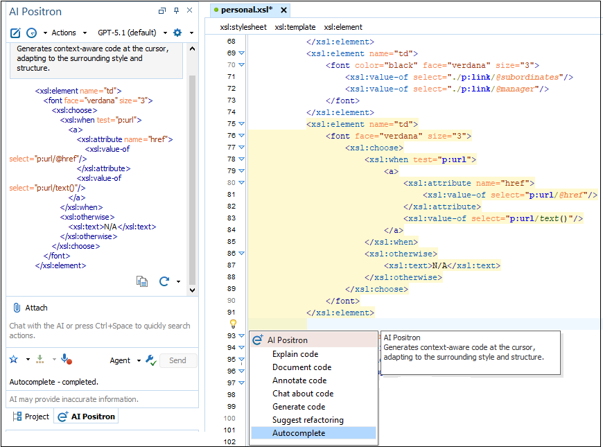 AI Positron panel and editor showing Autocomplete-generated XSLT code.
