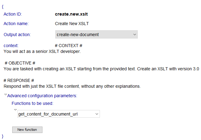 [ The Create New XSLT action displayed in Author mode, with editable fields and advanced AI parameters. ]