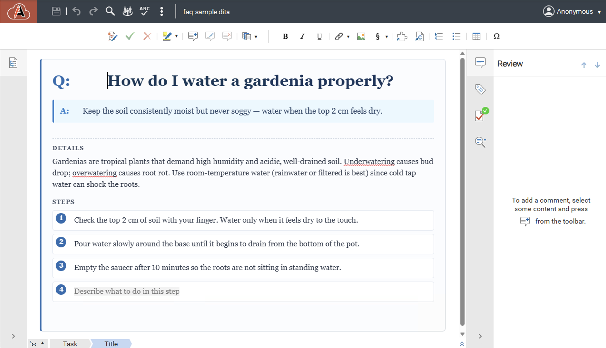 Web Author showing faq-sample.dita