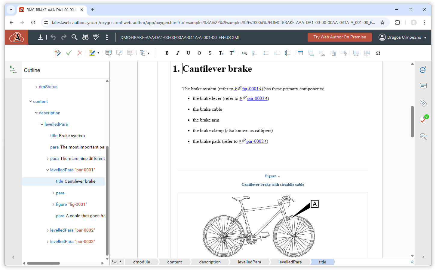 S1000D Data Module edited in Web Author with outline view and visual authoring layout