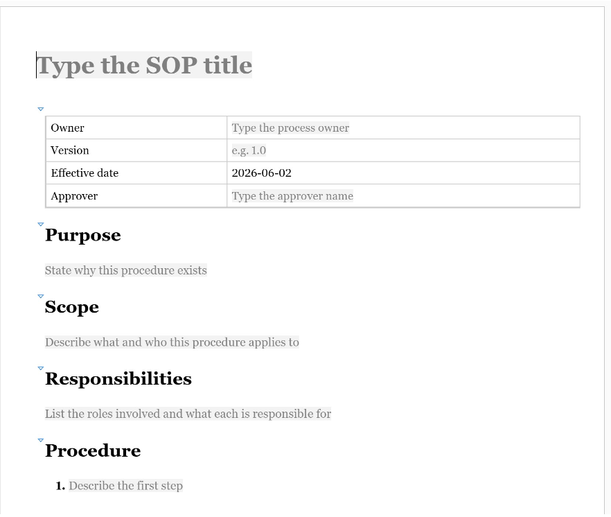 Web Author showing the New SOP template file