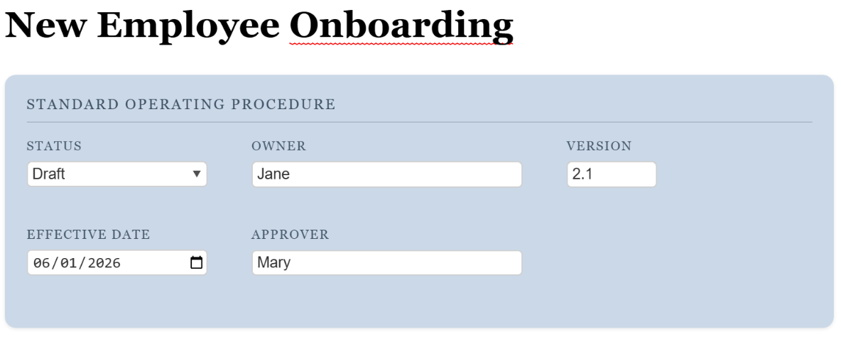 SOP header showing a status dropdown and a date picker