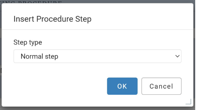Toolbar action prompting for a procedure step type