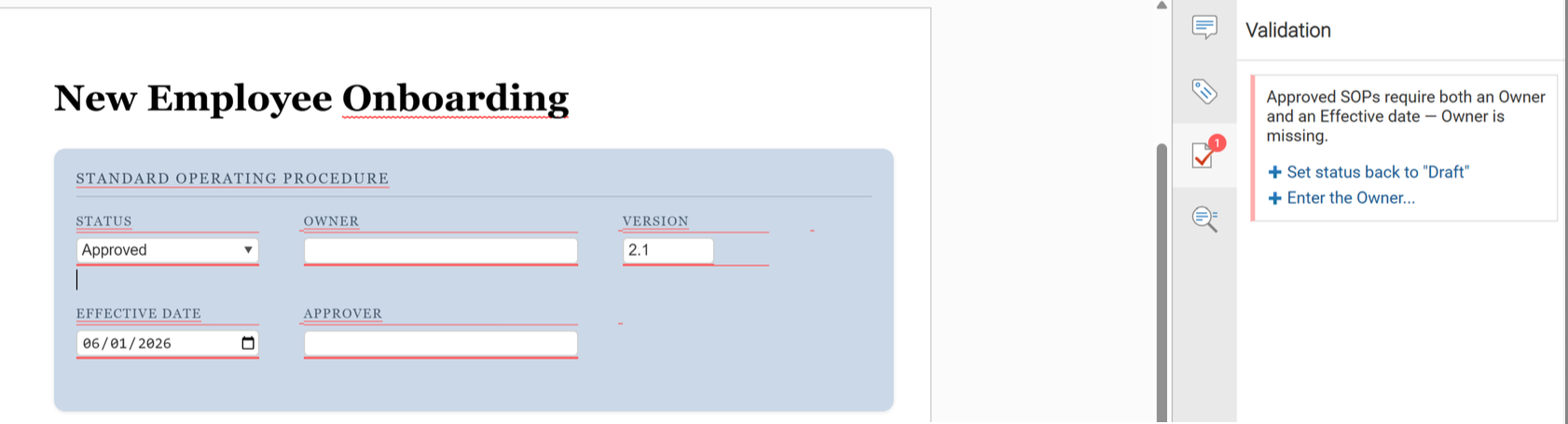 Web Author validation panel showing a Schematron quick fix